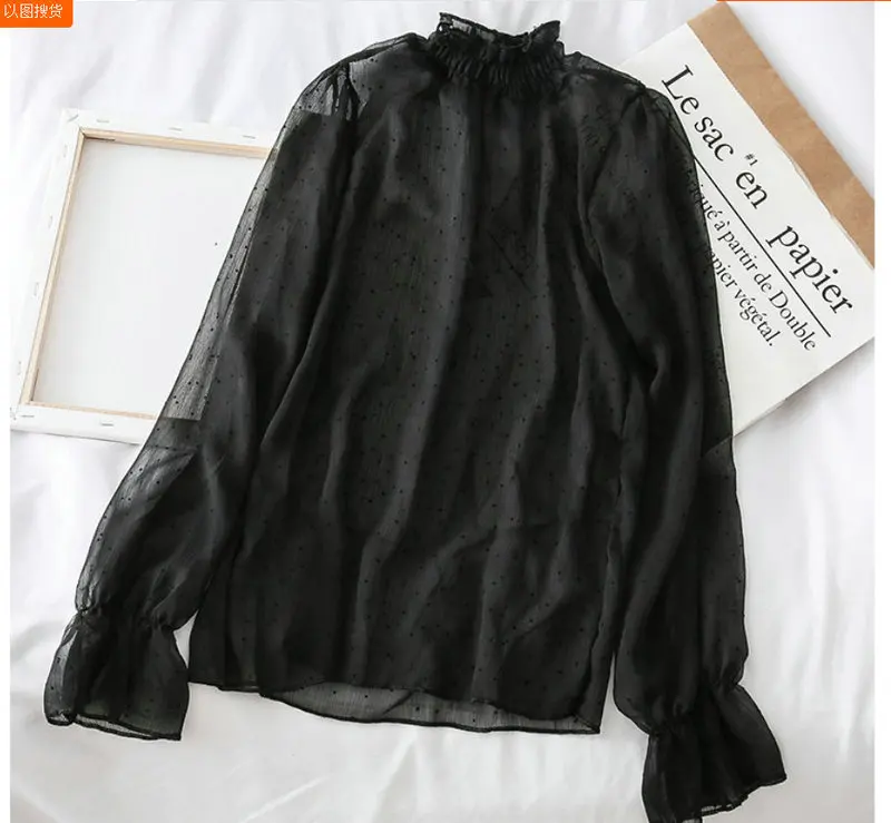Women Blouse Shirt HISUMA женский весенне-летний сетчатый пуловер с расклешенными рукавами в горошек, Базовая рубашка, Повседневная шифоновая блузка с оборками и вуалью, топы - Цвет: Women Blouse Shirt