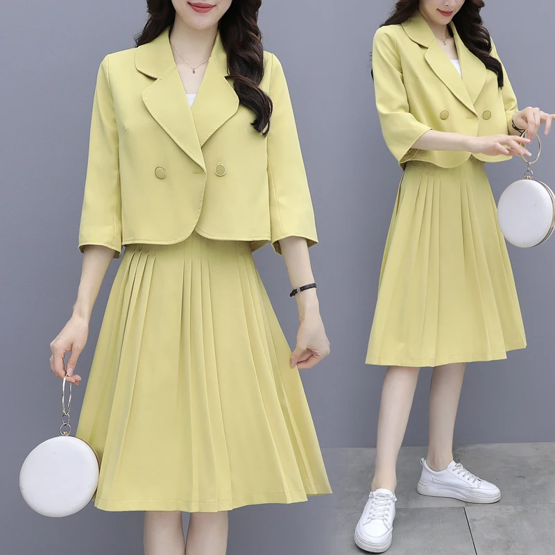 

Женский костюм-двойка, желтый костюм с плиссированной юбкой, осень 2021