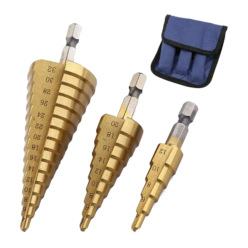

HOT HSS Step Drill Bit Set Of 3, 4-12Mm 4-20Mm 4-32Mm Cone Titanium Wood Metal Hole Cutter Hex Shank Drive Quick Change Tool