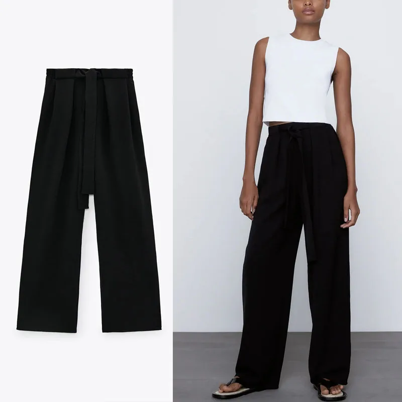 

Za 2021 Black High Waist Flowy Summer Pants Women Elastic Waist Front Darts Tied Wide Leg Pants Feminine Chic Vintage Trousers