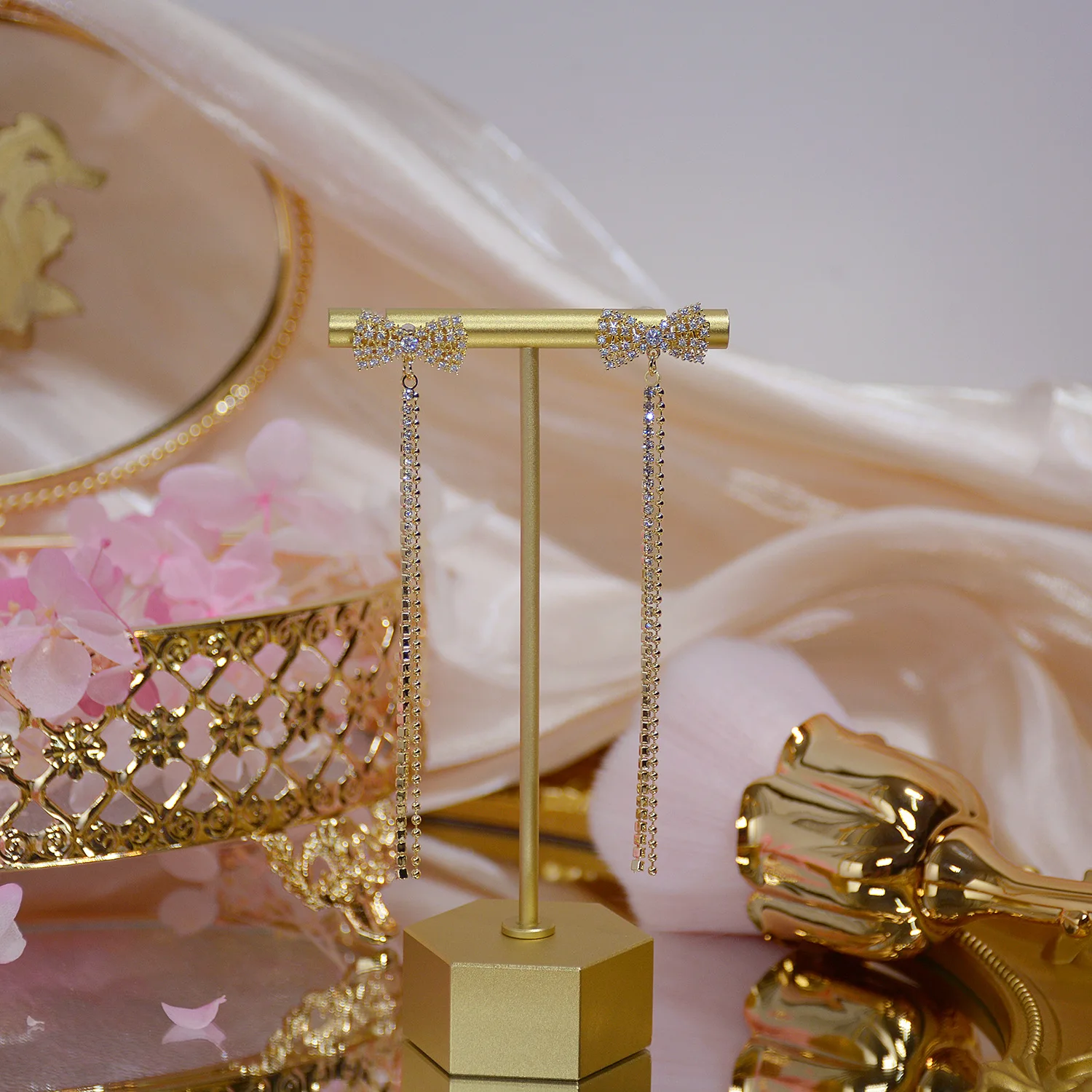 

14K Gold Plated Long Bowknot Tassel Stud Earrings with Bling Zircon Stone for Women Fashion Jewelry Korean Earrings