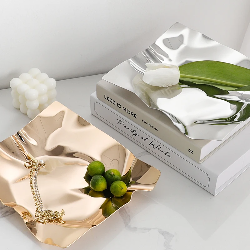 

Light Luxury Stainless Steel Snacks Plate Nordic Modern Irregular Gold Silver Dessert Plate Coffee Table Desktop Fruit Dishes