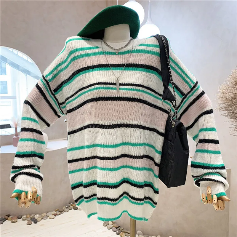 

New Women's Clothing Summer 2021 Fashion Personalized color striped sweater design sense of minority thin medium long gentle top