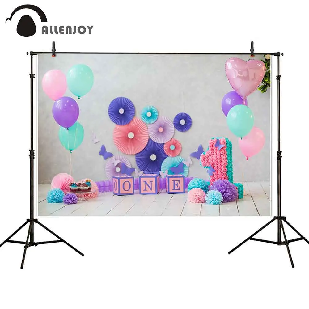 

Allenjoy 1st birthday cake smash balloons wood floor colorful paper flower butterfly baby party backdrop background photocall