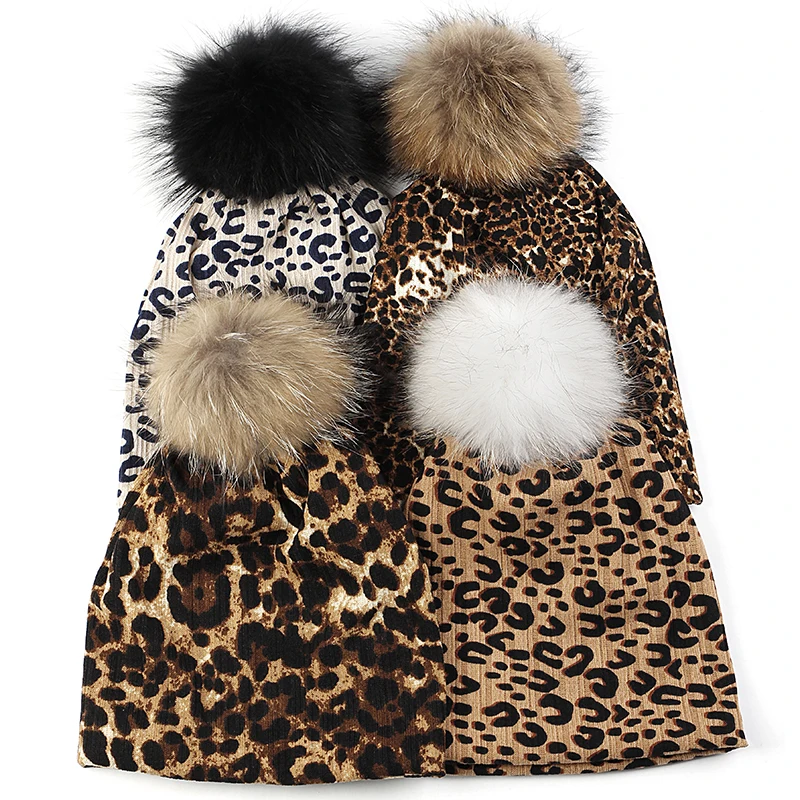 

Geebro Women Fashion Leopard Print Skullies Beanies Men Warm Soft Elastic Hat With 15cm Real Fur Pompom Cap Unisex Adult Bonnet