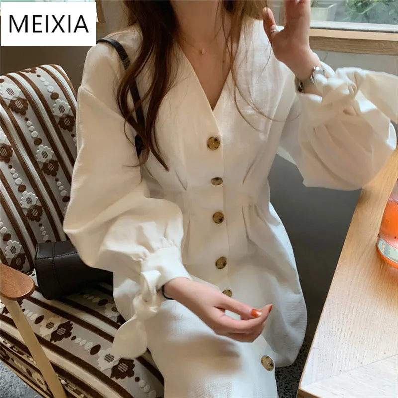

2020 Women Shirt Dress Vintage A-line Dresses With Button Single-breasted Korean Young Girl Woman Spring White Dress