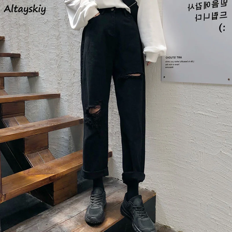 Женские джинсы в стиле Харадзюку прямые винтажные джинсовые брюки с дырками хип