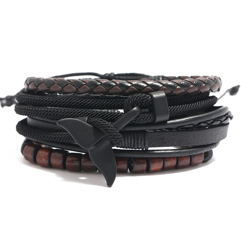 

NIUYITID Retro Tribal Multilayer Braided Wrap Leather Bracelet Set Men Women Whale Tail Charm Wristbands Jewelry Male Gift