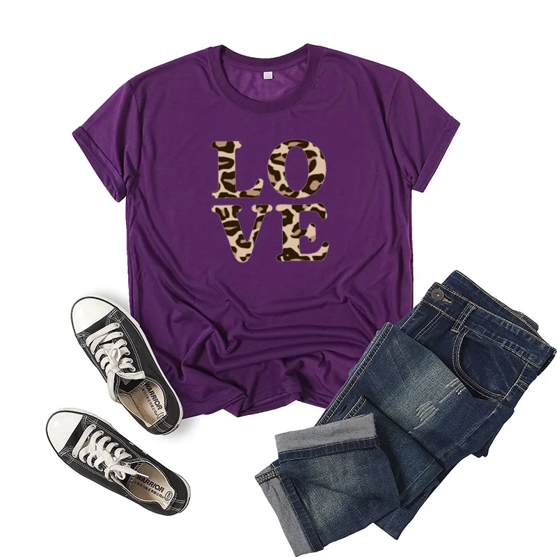 

Leopard Love Letter Print Women T Shirt Short Sleeve ONeck Loose Women Tshirt Ladies Tee Shirt Tops Clothes Camisetas Mujer