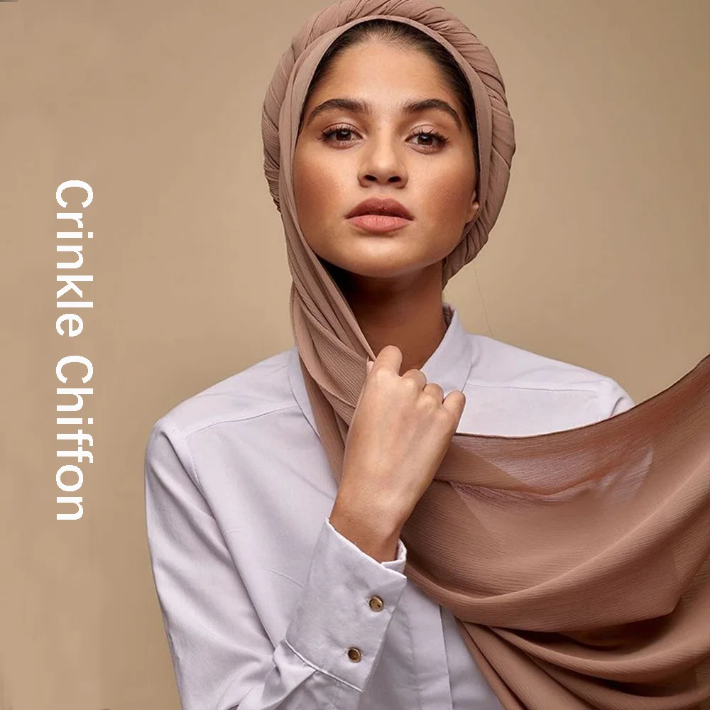

Wholesale Newest Hot Muslim Pleated Chiffon Shawl Two-tone Printing Scarf Female Plain Chiffon Scarf Women Hijab Scarf