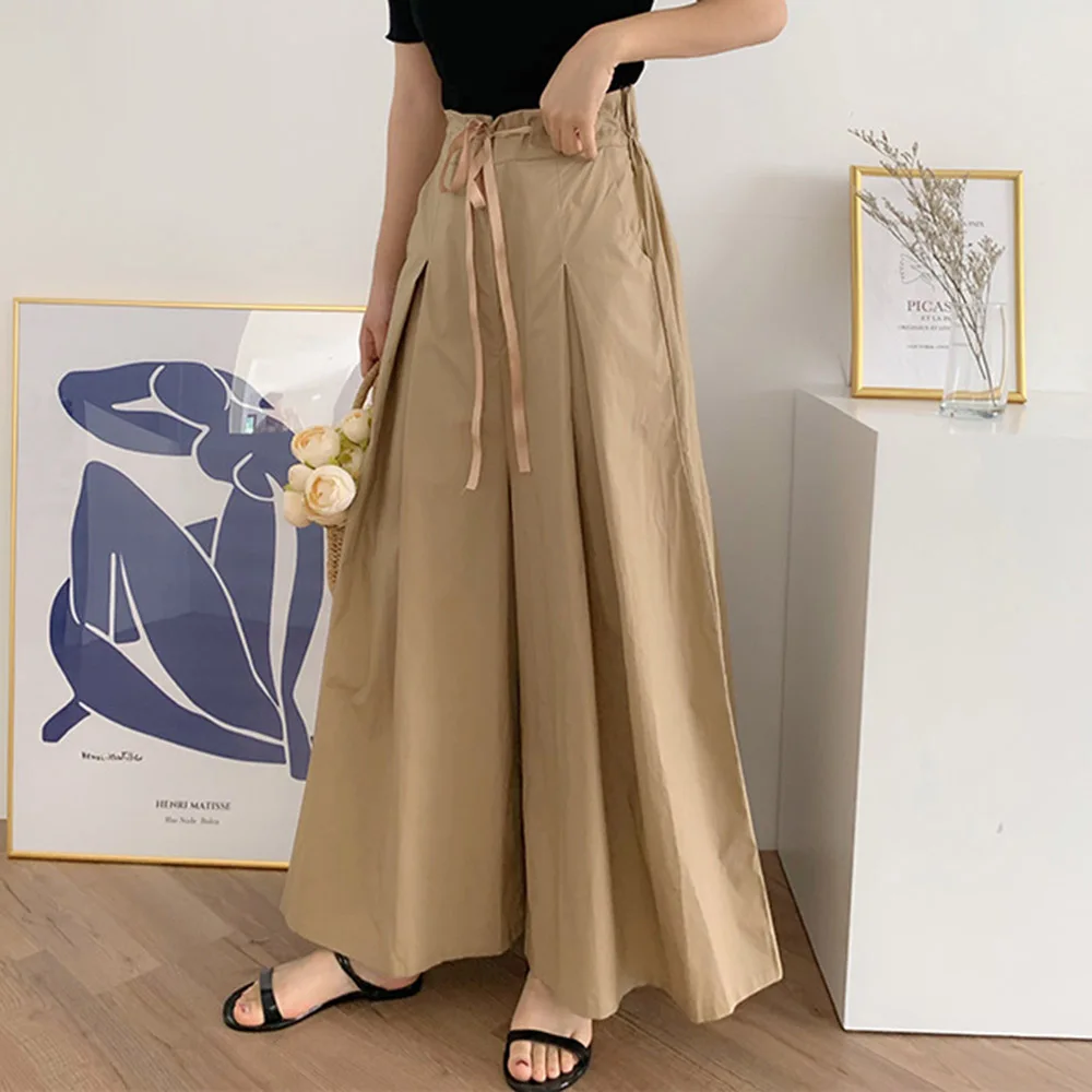 Женские брюки с широкими штанинами эластичные высокой талией свободные
