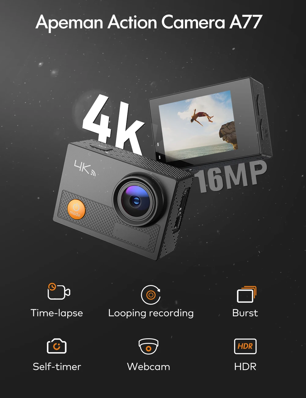 APEMAN Action Camera A77 4K 16MP Wi-Fi Waterproof 30M with Remote Control Underwater Digital Hyper Stabilization | Электроника