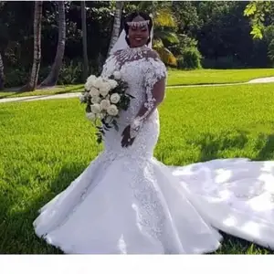 African Plus Size Wedding Dresses 2022 High Neckline Illusion Long Sleeve Appliques Beaded Mermaid Bridal Gowns Court Train