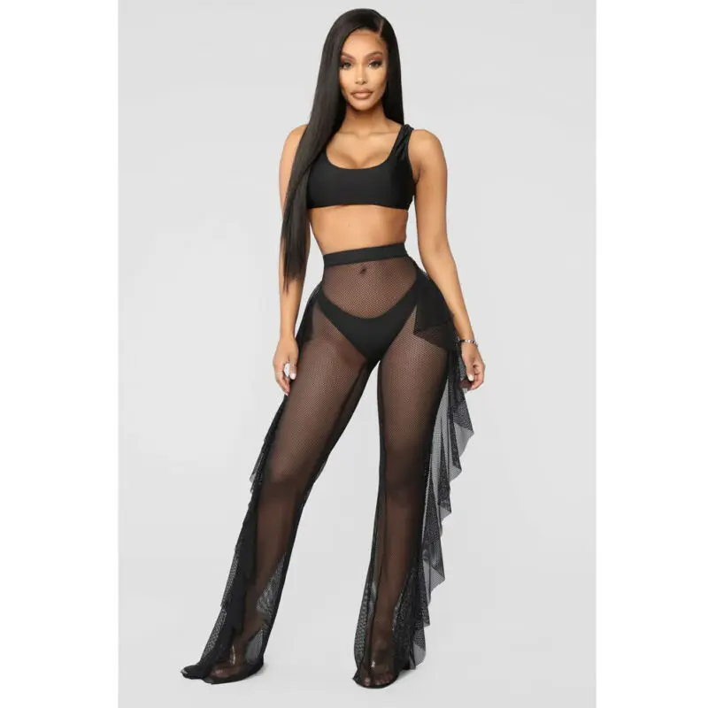 Women Full Length Wide Leg Trousers Party Mesh Sheer Ruffle Beach Cover Up Pants High Waist Flared Palazzo Boho | Женская одежда