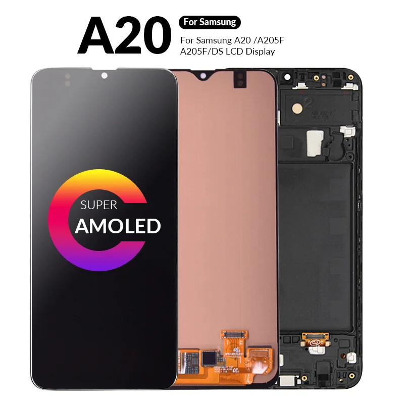 AMOLED A20 LCD Display For Samsung A20 A205 SM-A205F/DS LCD Touch Screen Digitizer For Samsung Galaxy A205FN LCD With Frame