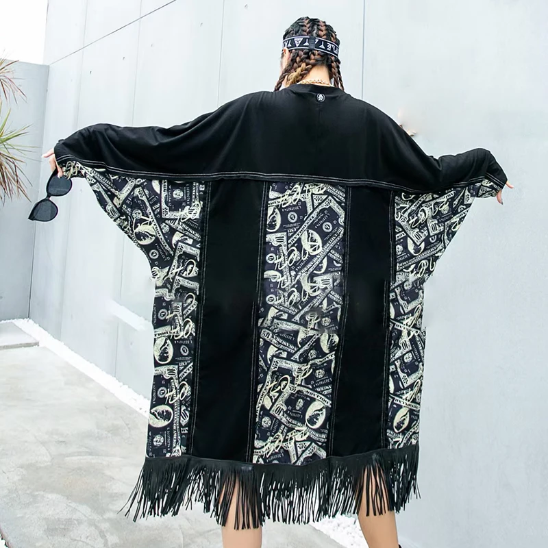 

CHICEVER Black Dress For Women O Neck Batwing Long Sleeve Tassels Print Hit Color High Street Dresses Female 2021 Autumn Clothes
