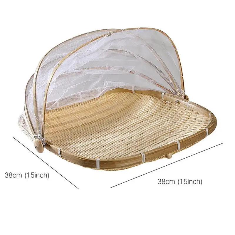 Handmade Wicker Basket With Gauze Bamboo Tray Fruit Vegetable Storage For Kitchen Picnic Food Dust-Protection |