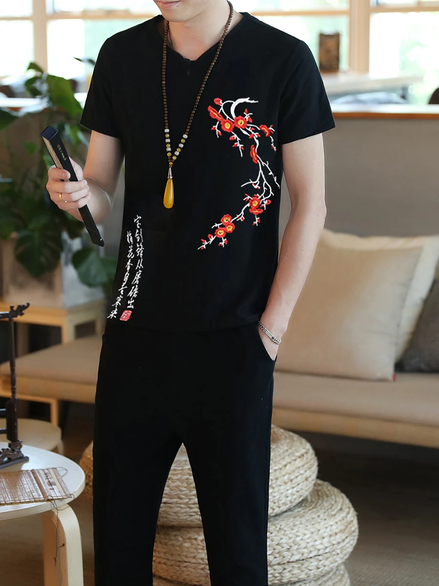 

2021 Men's Summer Cotton and Linen Short Sleeve Suit Retro Chinese Style Chinese Character Embroidery T-shirt