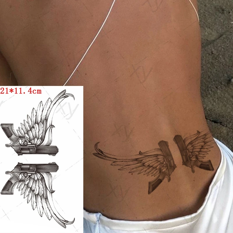 

Водостойкая Временная тату-наклейка, черные крылья, перья, пистолет, тотем, дизайнерские искусственные татуировки, татуировки для тела на р...