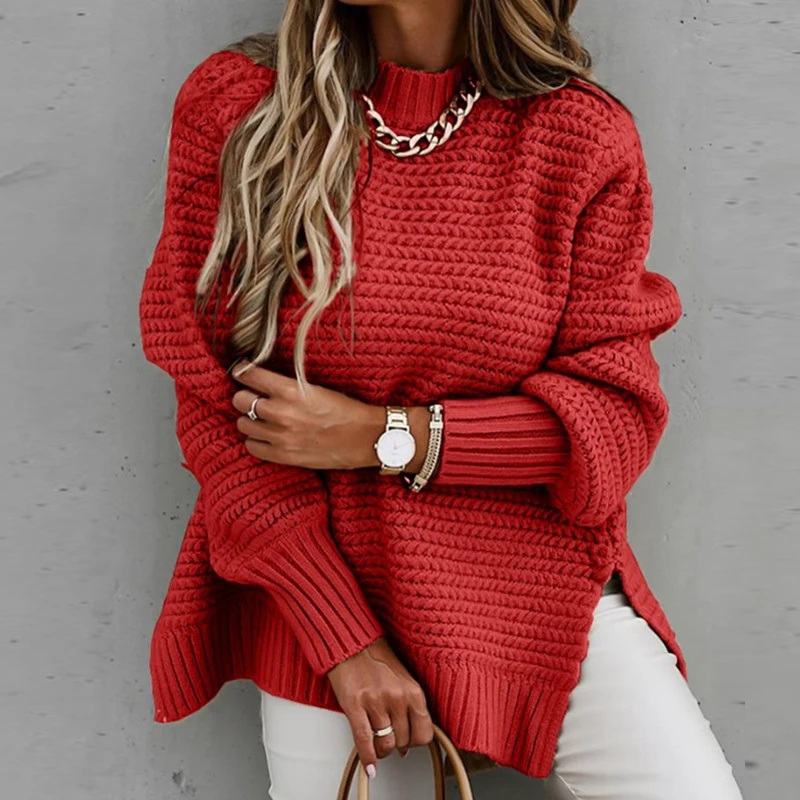 

Winter Elegant Solid Women's Pullover Fashion Split Knitted Sweater Long Sleeve O Neck Oversized Street Style Women's Clothing