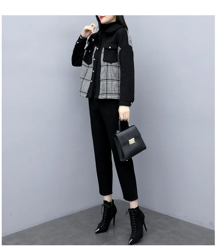Женское шерстяное пальто из двух предметов клетчатая куртка с отстрочкой