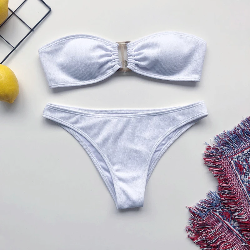 Solid Bikinis 2020 Two Piece Sexy Strapless Swimsuit Women Bandeau Biquinis Ribbed Bathers Buckle Bathing Suit Beachwear |