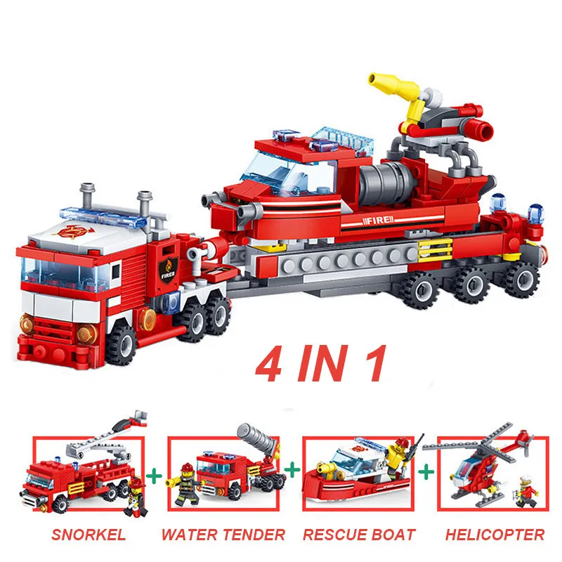 348 шт. обучающий пожарный автомобиль вертолет лодка модель строительные блоки