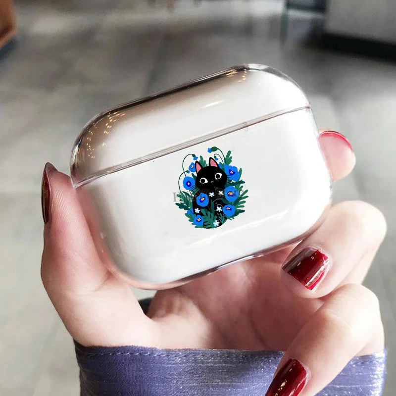 

Чехол для наушников AirPods Pro, прозрачный защитный чехол для наушников Airpods Pro с синими цветами и черным котом, зарядное устройство