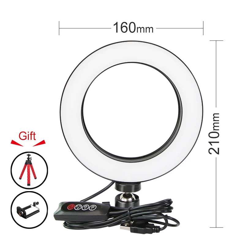16cm Ring Light Светодиодный кольцевой светильник для селфи с регулируемой яркостью для фотосъемки, для макияжа, видео, фотостудии, кольцевая лампа с держателем штатива для вашего мобильного телефона - Цвет: 16cm Ring Light
