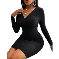 women dresses bag hip deep v neck knitted pullovers bottoming shirt long sleeve solid color