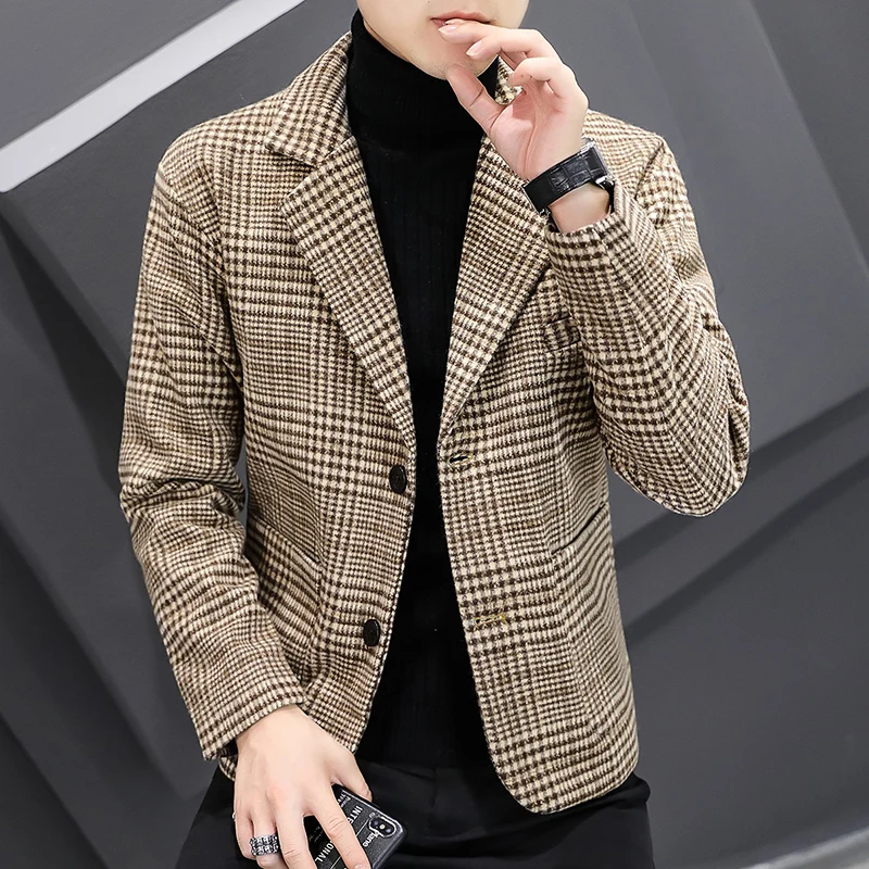 

Autum Winter Wool Blends Blazers Men Plaid Casual Slim Suit Jacket British Style Business Social Dress Coat Wedding Windbreaker