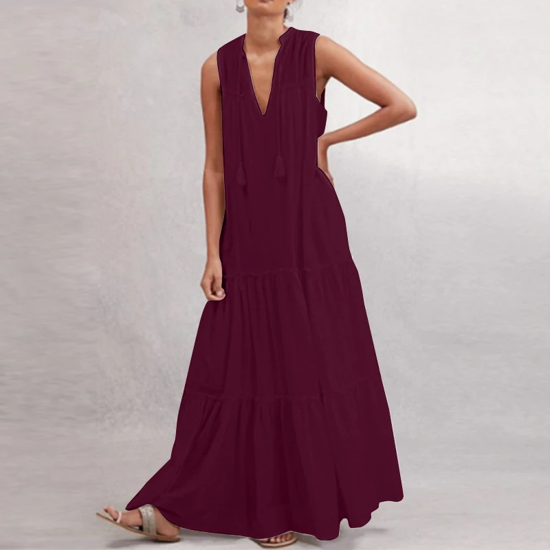 Wine Red ZANZEA длинное летнее платье женское элегантное платье с v-образным вырезом без рукавов однотонный вечерние сарафан, женский халат с оборками Vestido сарафаны Плюс Размер 7 - Цвет: Wine Red