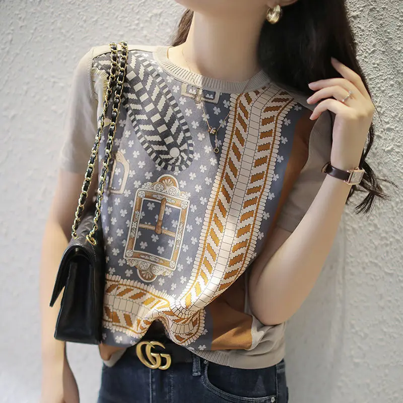 

Summer Knit T Shirt Women Fashion Clothes Short Sleeve Print Knitted Crop Tops Elegant Tees Loose T-Shirts Female