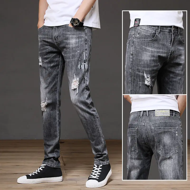 

Men's Jeans Spring and Summer Thin Section Ripped Holes Straight Slim Section Korean Version of All-match Casual Youth Pants
