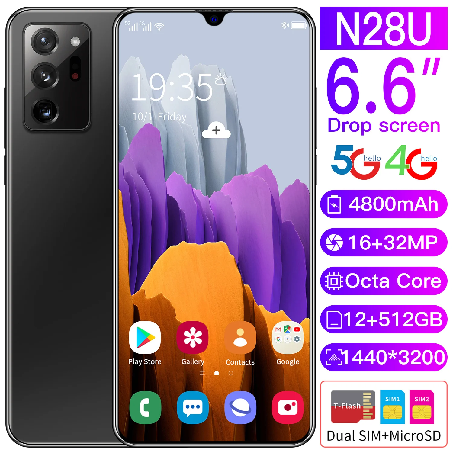 

2021 Global Version N28U 6.6Inch SmartPhone 4800mAh 8g+256g Dual Card Standby Fingerprint Face Unlock Cellphone Fast Shipping
