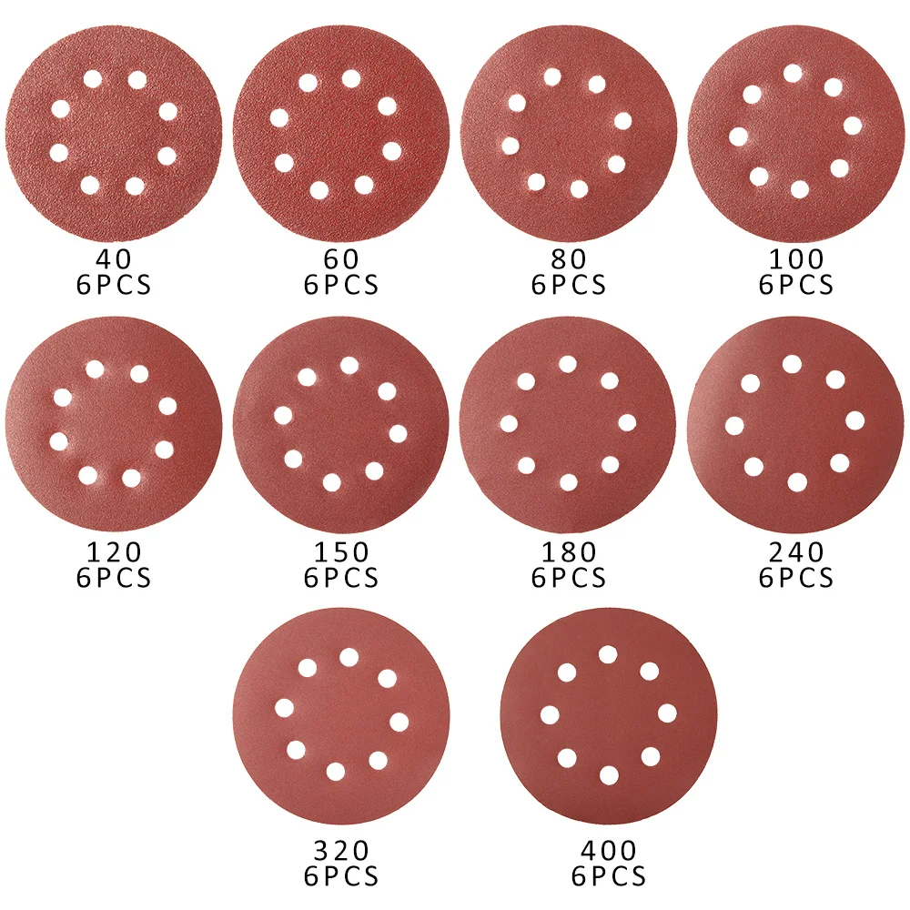 

60Pcs 5 Inch 125mm Round Sandpaper with Eight Hole Abrasive Sanding Disc Pads 40-400 Grit for Polish Machine Tool
