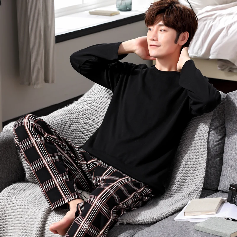 Мужская Хлопковая пижама Yidanna футболка с круглым вырезом и длинным рукавом