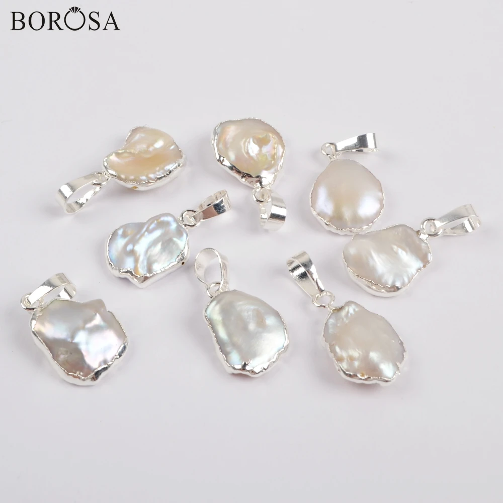 

BOROSA 10/20Pcs Trendy Freeform Silver Plated Natural Freshwater Pearl Pendant White Pearls Beads for Necklace Jewelry S1673