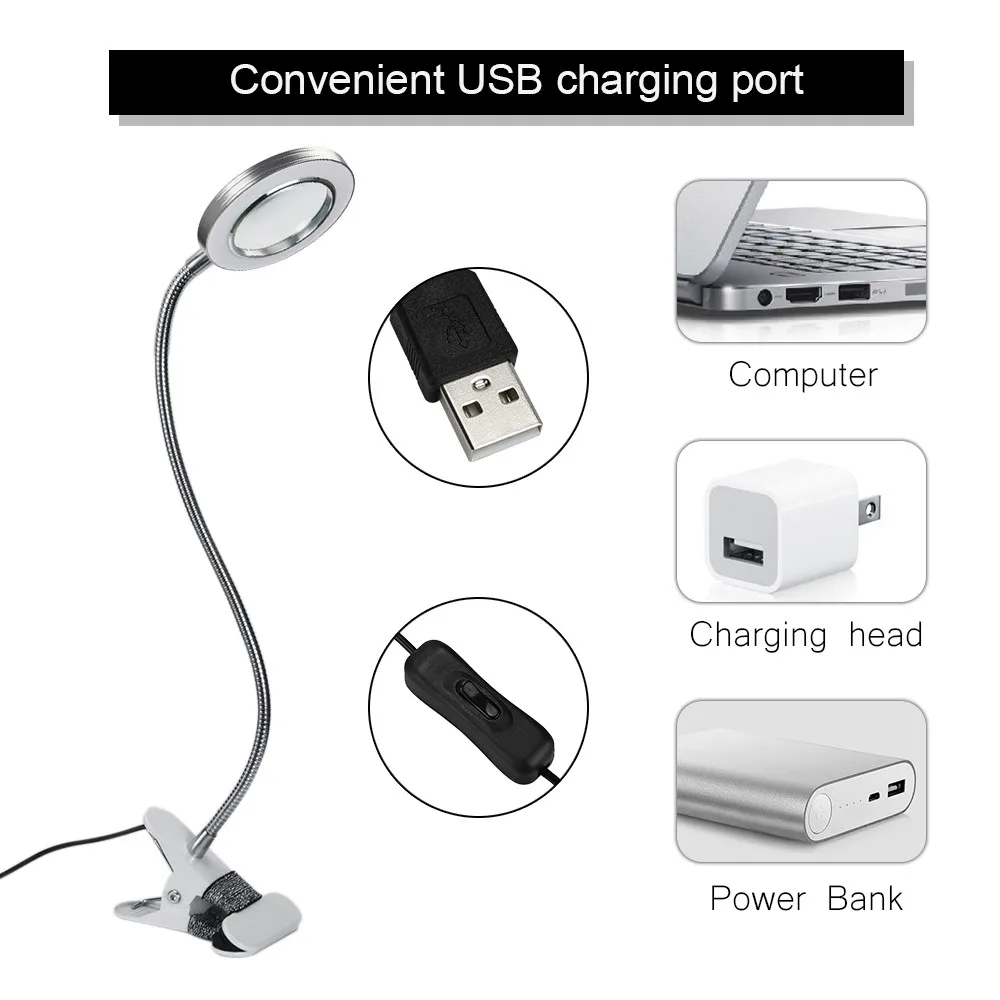 Светодиодная лампа с зажимом настольный USB регулируемый холодный белый