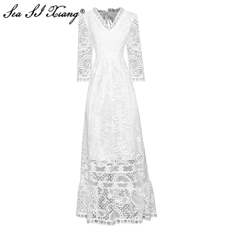 

Seasixiang Fashion Designer Early Autumn Long Dress Women V-Neck 3/4 Sleeve Hollow Out Sexy Backless Elegant Party Maxi Dresses