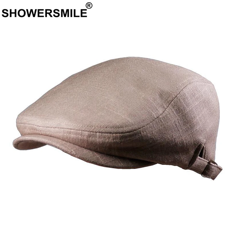 SHOWERSMILE Black Beret Linen Mens Flat Cap Spring Autumn Duckbill Hat Men Vintage Khaki Adjustable British Male Ivy Cabbie Cap