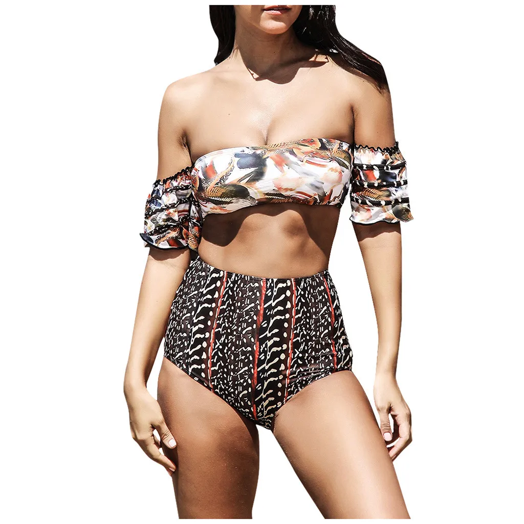 Женский купальник с открытыми плечами и коротким рукавом бикини принтом