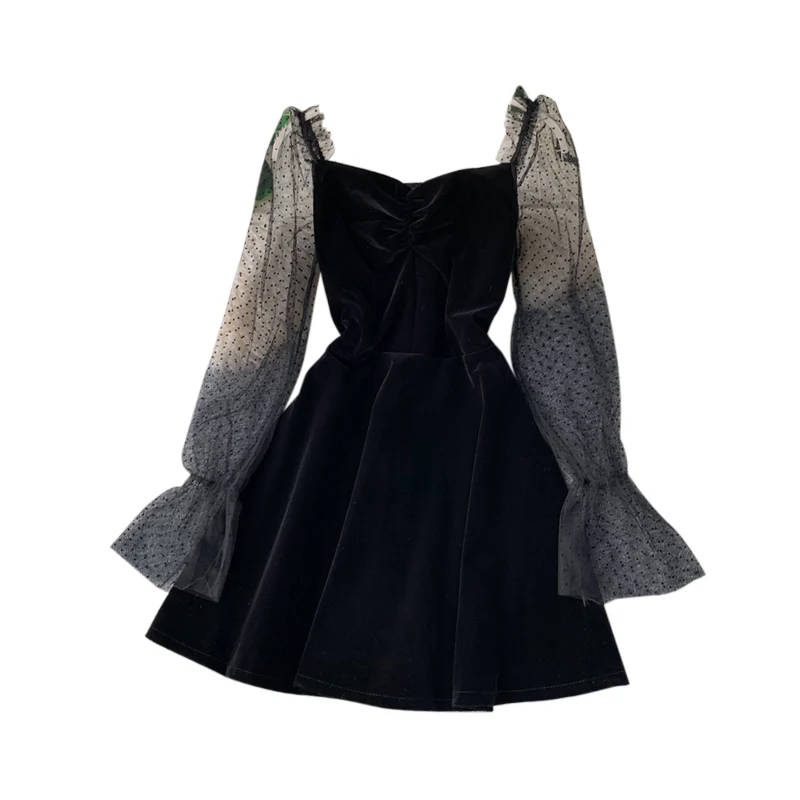 

2020 new fashion women's dresses ladies sexy temperament elegant mesh sleeve dress gold velvet