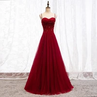 wine red evening dresses sweat spaghetti a line beads sequins tulle lace up wedding princess bridesmaid bnquet prom gowns sexy