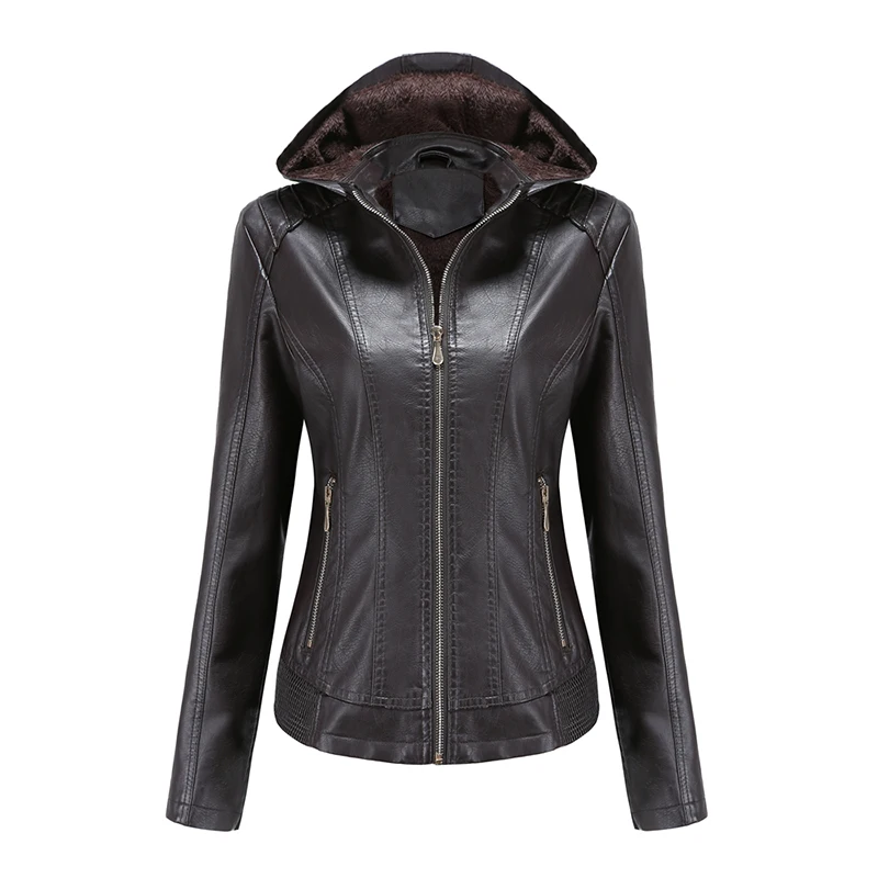 

New Winter PU Faux Leather Jacket Women Long Sleeve Hooded Detachable Coat Female Motorcycle Jackets Plus Velvet Warm Outerwear