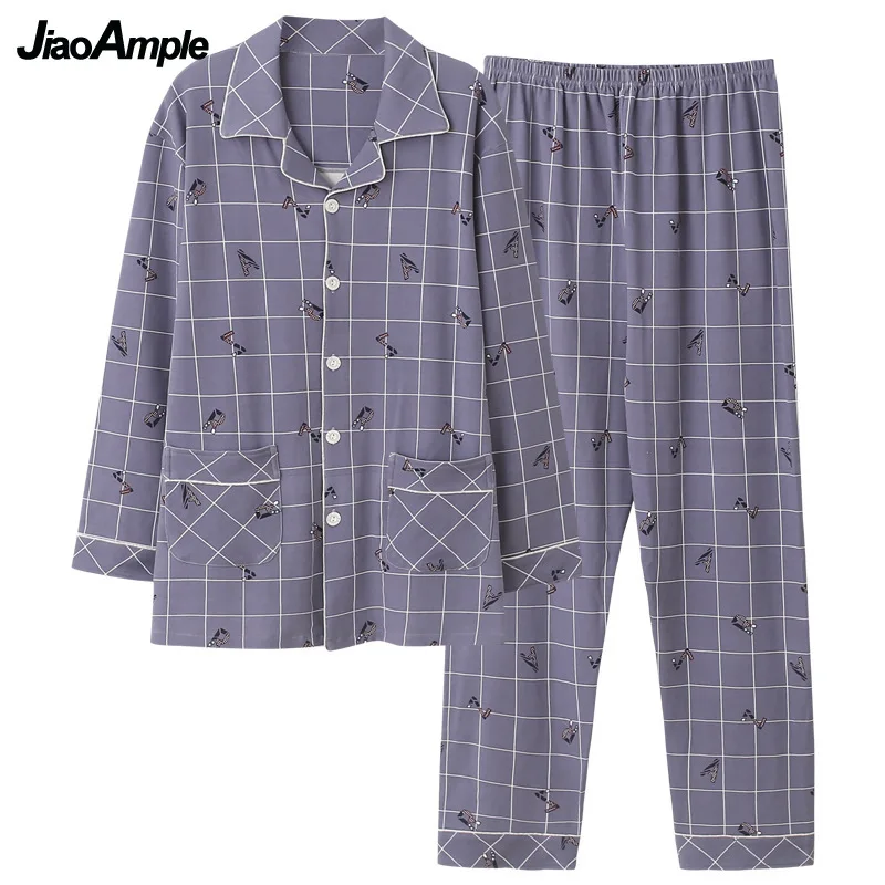 Men's Pajamas Spring Autumn Cotton Long-sleeved Trousers Pijamas Two-piece 2021 New Cardigan Lapel Loose Sleepwear Homewar Set