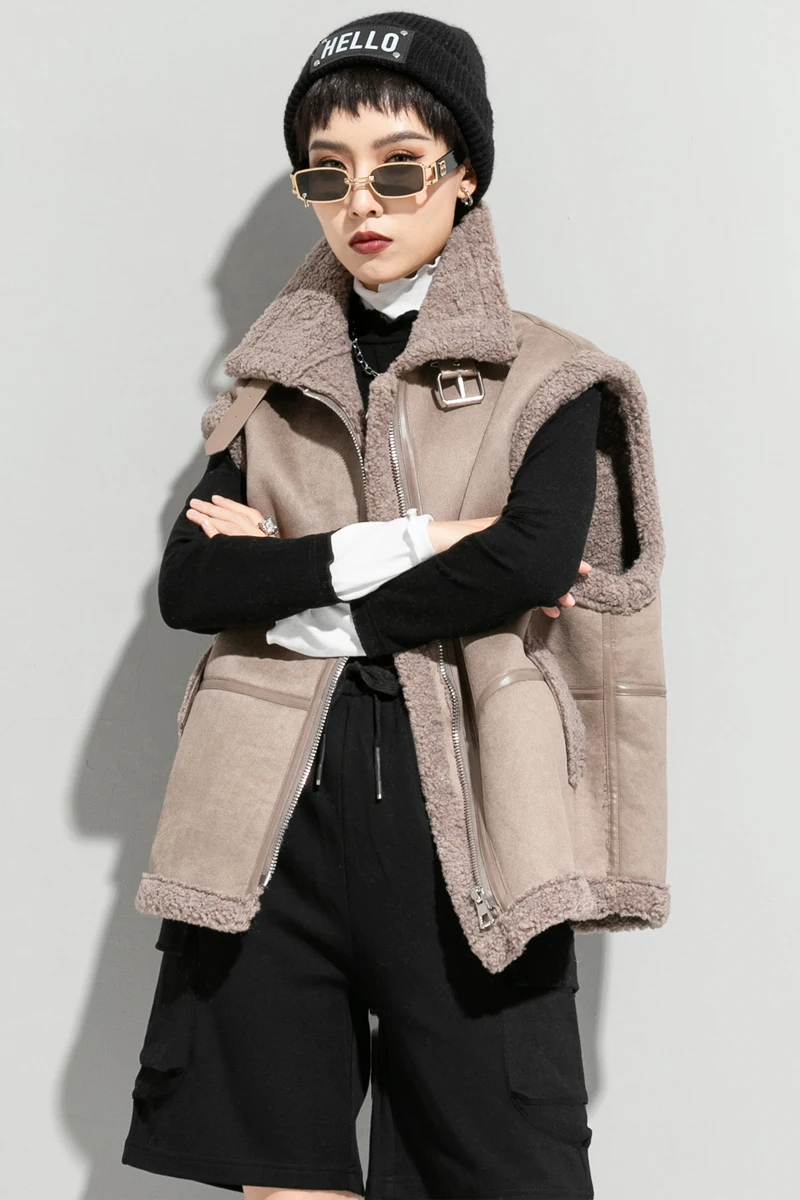 

2020 Winter Autumn Thick Lmitation Lamb Wool Vest Jackets Women Solid Warm Loose Zip Pockets Outwear Coat Gilet Femme