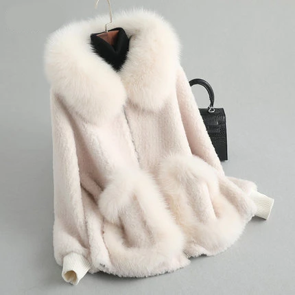 Beige Натуральное меховое пальто женский воротник из лисьего меха шерстяное пальто новая осенне-зимняя утепленная куртка женская верхняя одежда плюс размер одежда - Цвет: Beige
