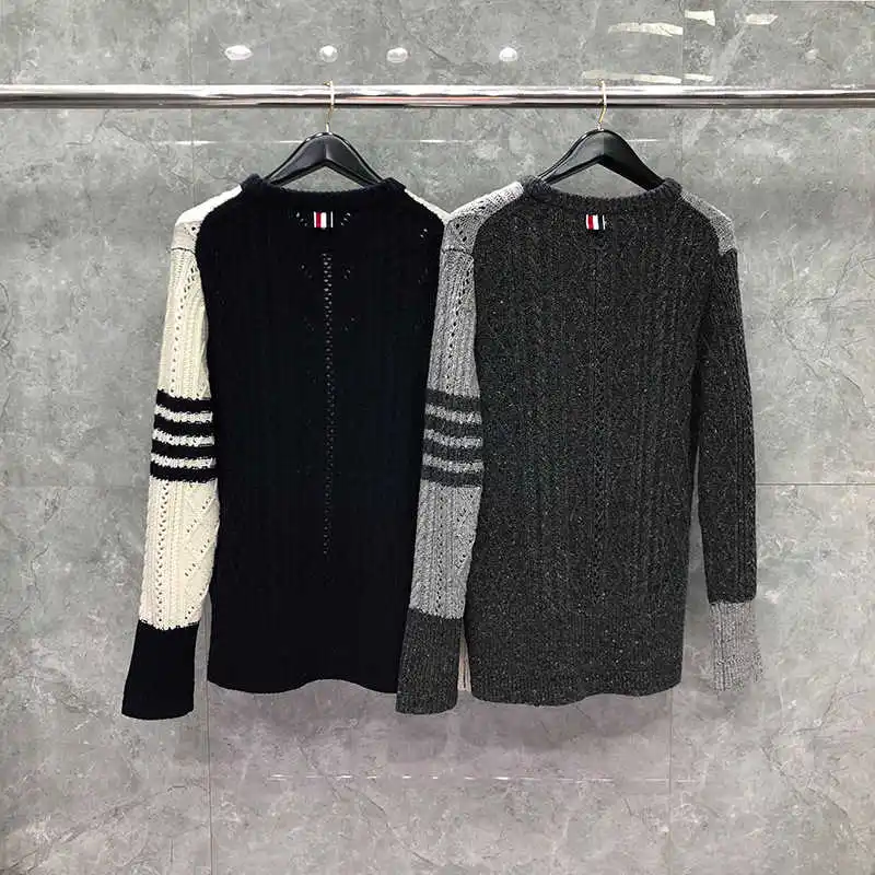 

2021 модные брендовые свитера для мужчин и женщин, облегающие пуловеры с круглым вырезом в стиле пэчворк, одежда, полосатая шерстяная Толстая ...