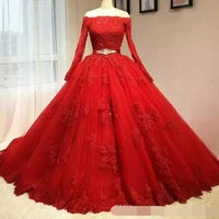 vestido debutante delicate red ball gown quinceanera dresses off the shoulder long sleeves lace appliqued sweet 16 prom dress